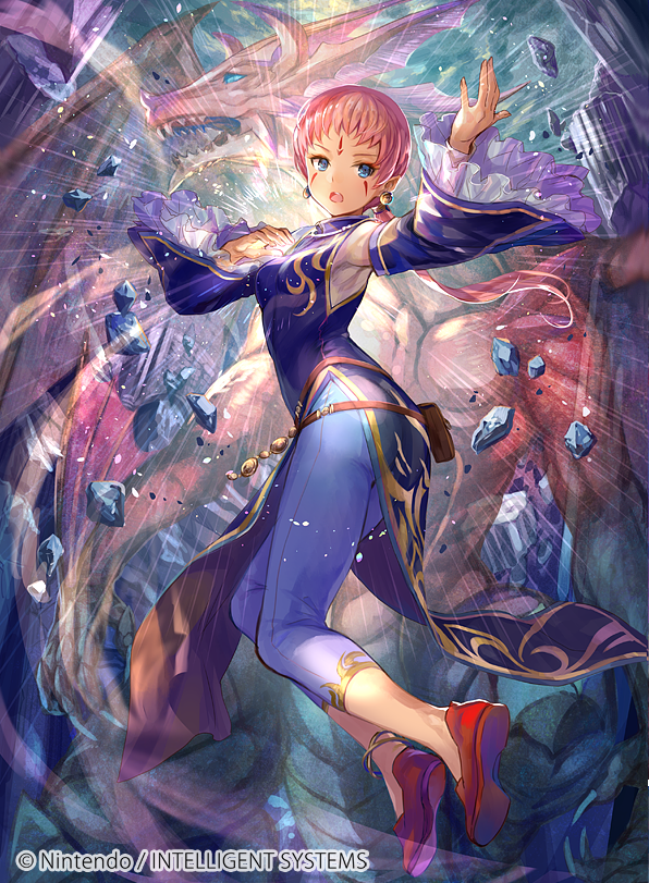 1girl, blue_eyes, company_name, dark_skin, dragon, earrings, ena_(fire_emblem), facial_mark