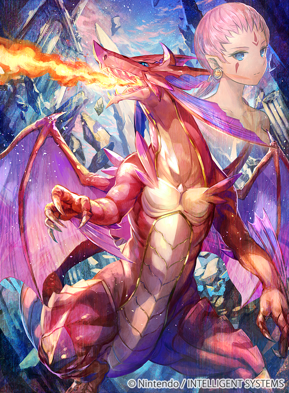 1girl, blue_eyes, company_name, dark_skin, dragon, earrings, ena_(fire_emblem), facial_mark