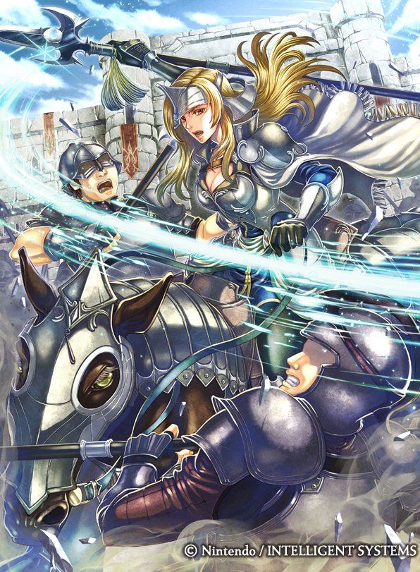 1girl, armor, blonde_hair, brown_eyes, cape, castle, company_name, faceless