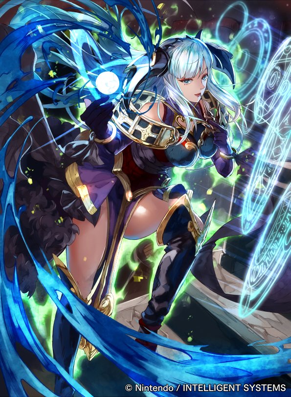 1girl, bare_shoulders, black_gloves, blue_eyes, bracelet, company_name, dress, fire_emblem