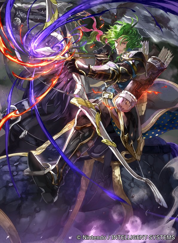 1boy, armor, armored_boots, arrow, beard, bird, black_gloves, boots, bow_(weapon), clouds, cloudy_sky, company_name, crow, curly_hair, facial_hair, fire_emblem, fire_emblem_cipher, gloves, green_eyes, green_hair, horse, lando_(fire_emblem), long_hair, low_ponytail, male_focus, mayo_(becky2006), mountain, official_art, quiver, sky, solo, weapon