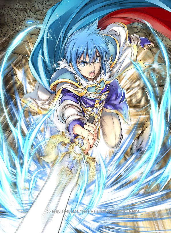 1boy, al_(fire_emblem), armor, blue_eyes, blue_hair, cape, company_name, fingerless_gloves