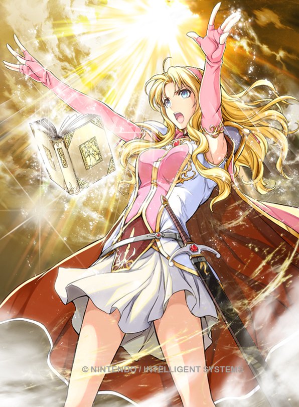 1girl, blonde_hair, blue_eyes, book, cape, clouds, company_name, fire_emblem, fire_emblem:_hasha_no_tsurugi, fire_emblem_cipher, hairband, long_hair, official_art, open_mouth, solo, sparkle, sword, teeth, tiena, weapon, yamada_koutarou