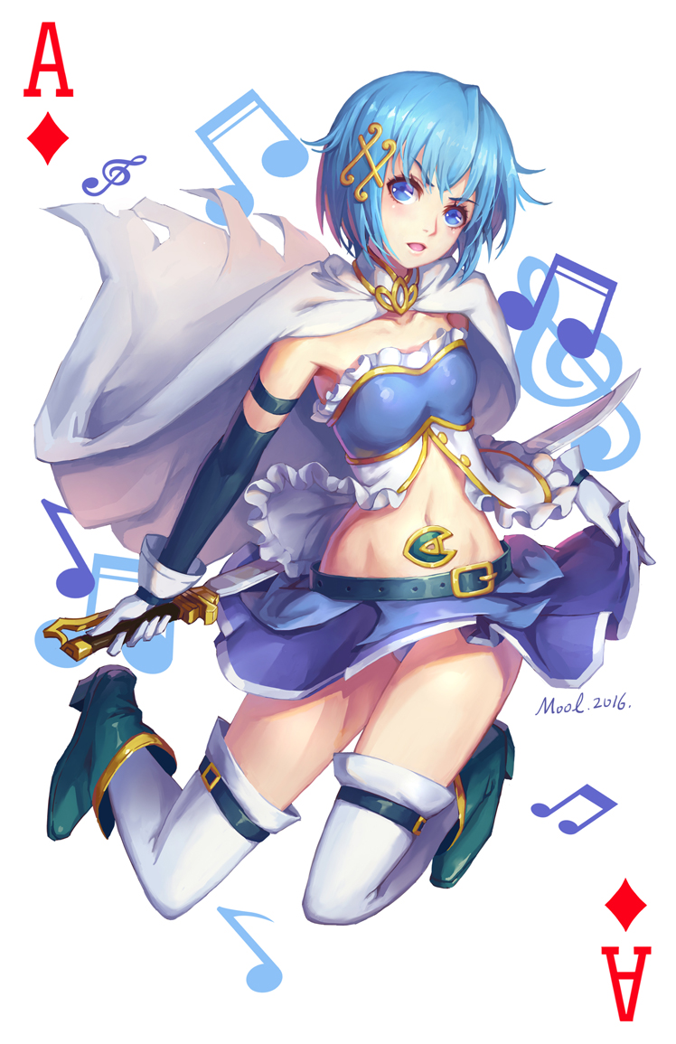 2016, ace_of_diamonds, blue_eyes, blue_hair, blush, boots, cape, collarbone
