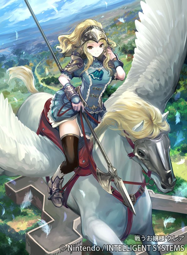 1girl, arm_guards, armor, blonde_hair, blue_dress, clair_(fire_emblem), company_name, dress