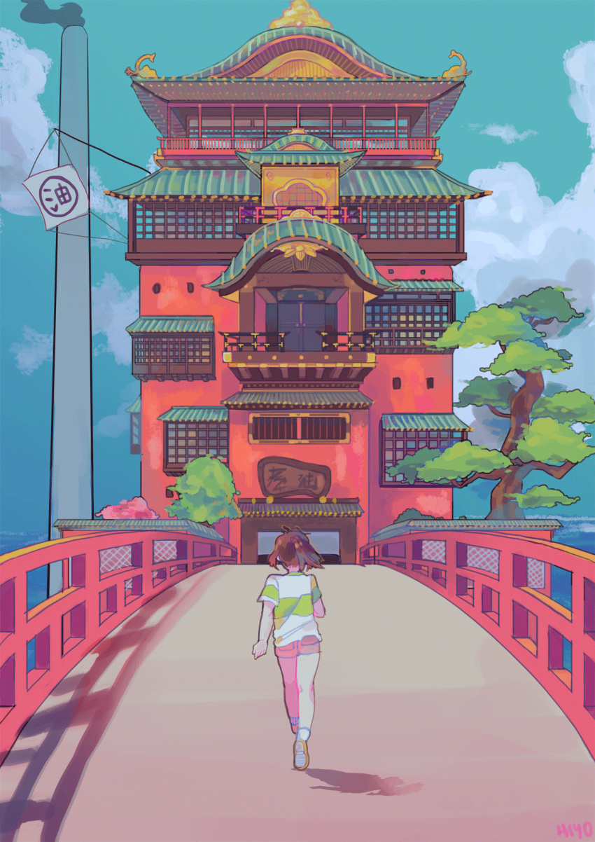 1girl, animated, animated_gif, bridge, brown_hair, chimney, day, facing_away