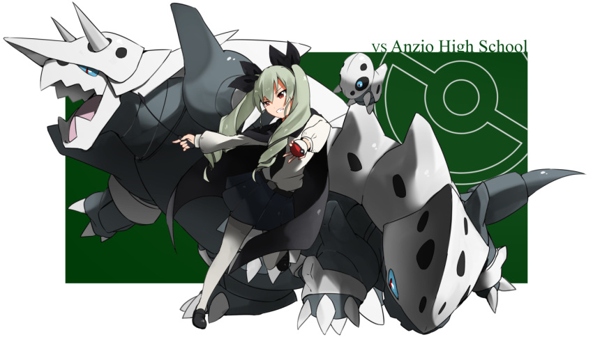 1girl, aggron, anchovy, anzio_school_uniform, aron, bangs, belt, black_cape, black_necktie, black_ribbon, black_shoes, black_skirt, cape, dress_shirt, drill_hair, emblem, english, full_body, girls_und_panzer, green_hair, grin, hair_ribbon, holding, lairon, loafers, long_hair, long_sleeves, miniskirt, necktie, orihika, pantyhose, pleated_skirt, poke_ball, pokemon, pokemon_(creature), red_eyes, ribbon, riding_crop, school_uniform, shirt, shoes, skirt, smile, standing, standing_on_one_leg, twin_drills, twintails, white_legwear, white_shirt