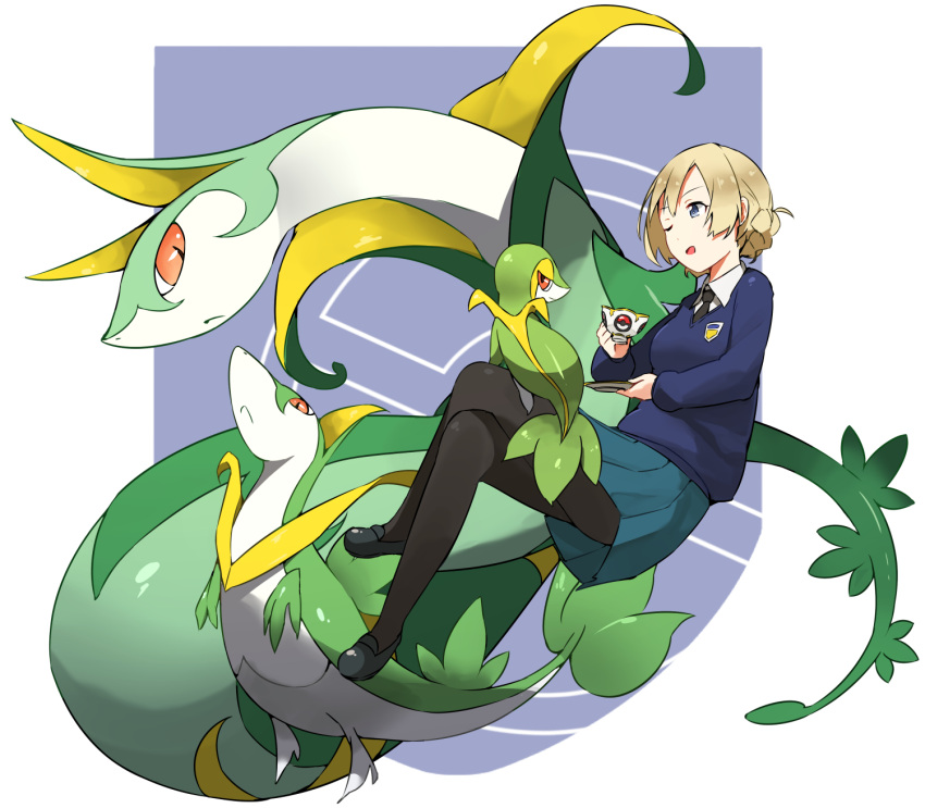 1girl, bangs, black_legwear, black_necktie, black_shoes, blonde_hair, blue_eyes, blue_skirt
