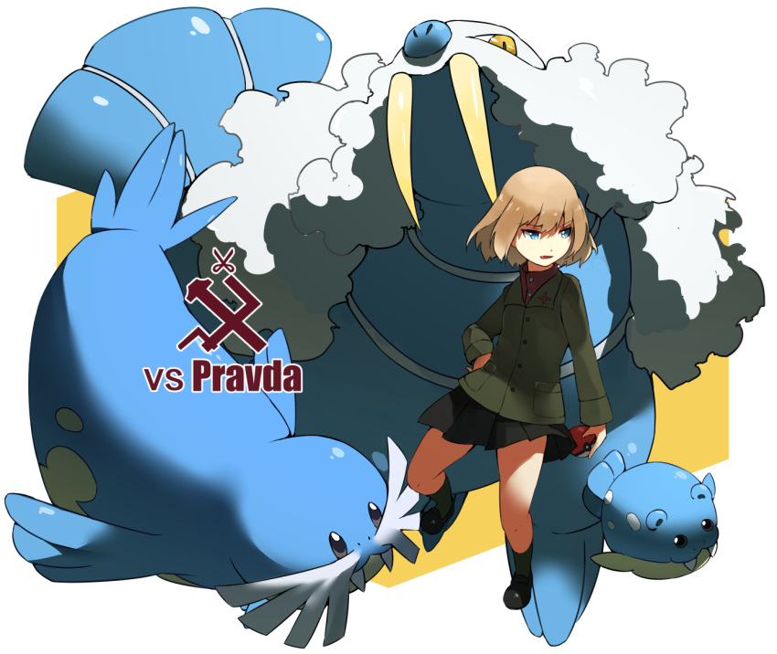 1girl, bangs, black_legwear, black_shoes, black_skirt, blonde_hair, blue_eyes, emblem