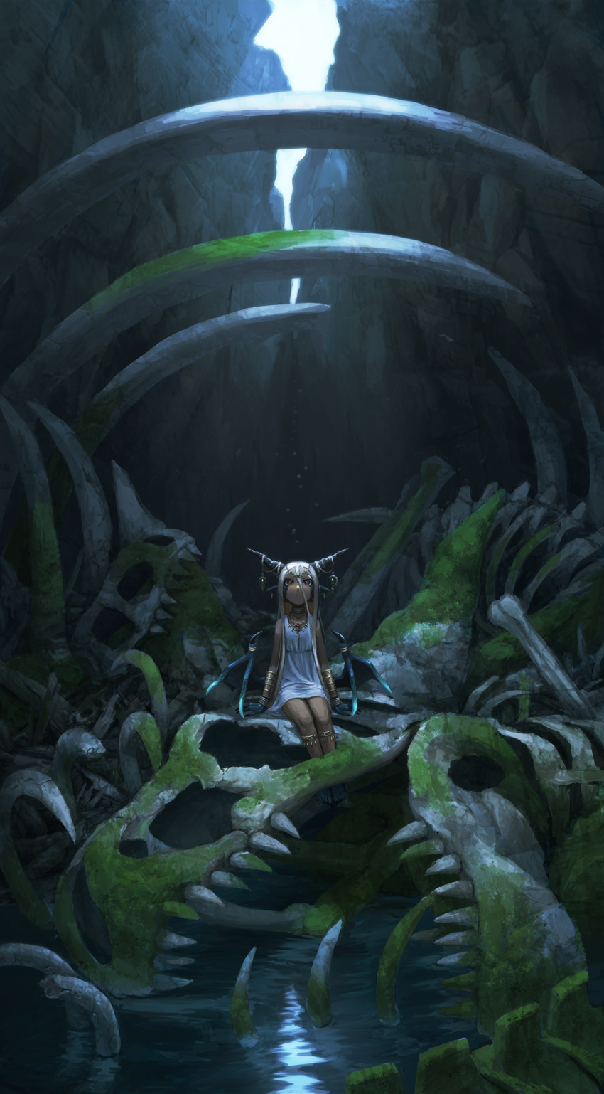 1girl, bare_shoulders, blonde_hair, bone, chasm, dark_skin, dinosaur, fossil, highres, horns, long_hair, looking_away, looking_up, original, red_eyes, skull, sleeveless, solo, t@kuyoa