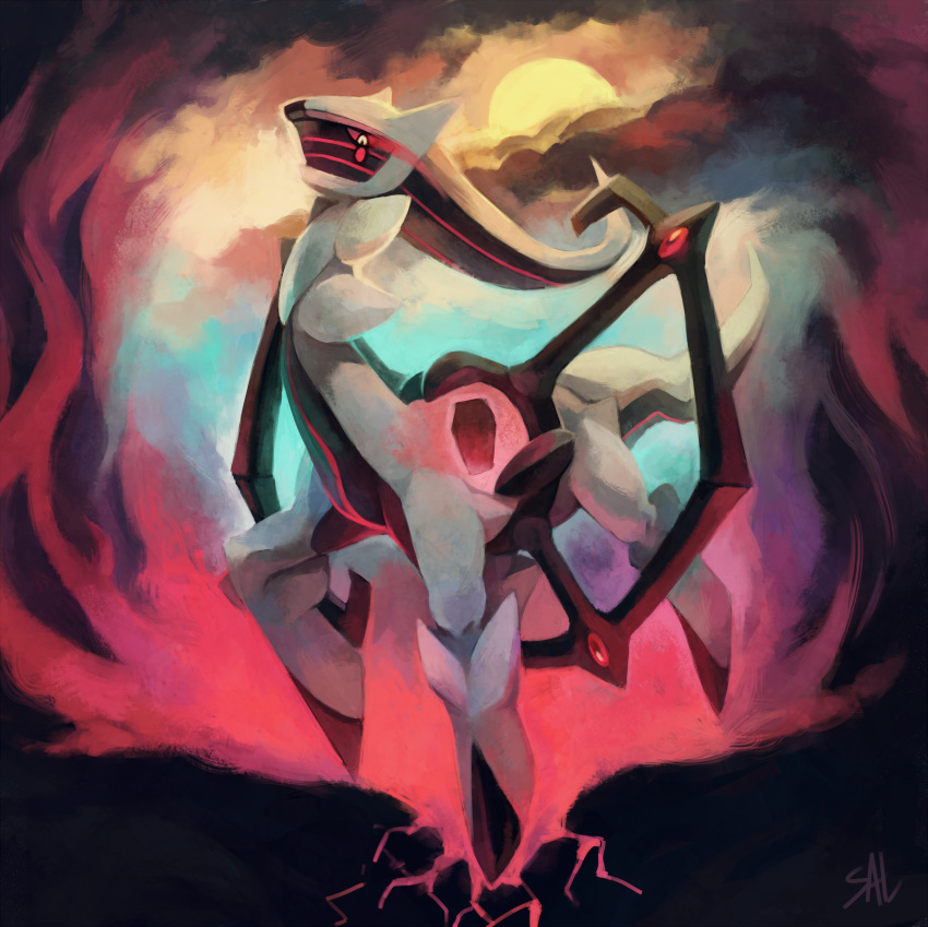 arceus, blue_sky, closed_mouth, clouds, cloudy_sky, creature, destruction, fire