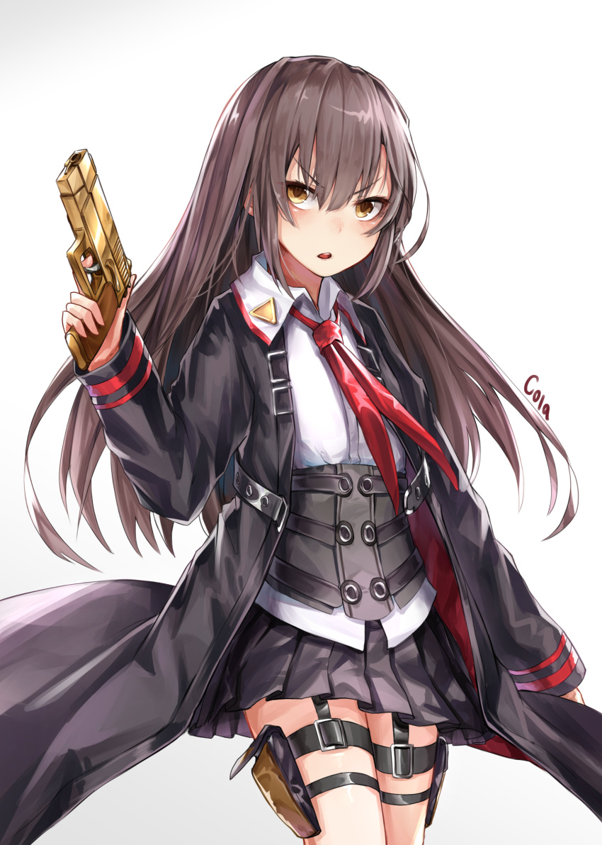 1girl, bangs, black_coat, black_cola, black_skirt, brown_eyes, brown_hair, buckle