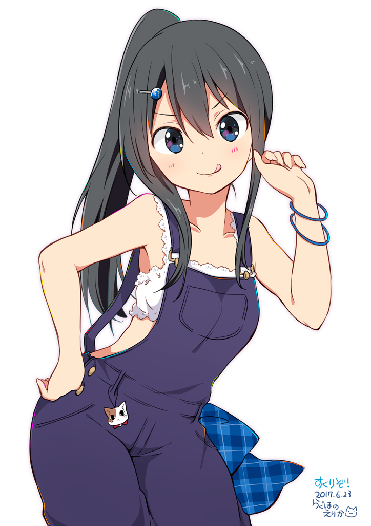 1girl, :q, artist_name, bangs, black_hair, blue_eyes, blush, bra
