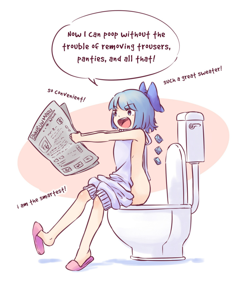 1girl, :d, backless_outfit, blue_eyes, blue_hair, bunbunmaru, cirno, english
