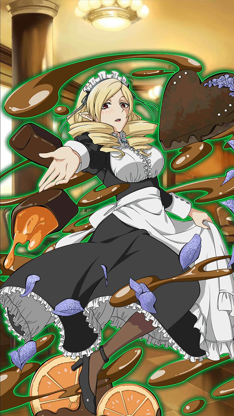 1girl, alternate_costume, apron, black_dress, black_legwear, blonde_hair, breasts, dress, drill_hair, earrings, enmaided, frilled_dress, frills, full_body, high_heels, highres, horn_skuld, indoors, jewelry, large_breasts, long_dress, long_hair, looking_at_viewer, maid, maid_headdress, outstretched_arm, owari_no_seraph, parted_lips, pointy_ears, red_eyes, solo, twin_drills, white_apron