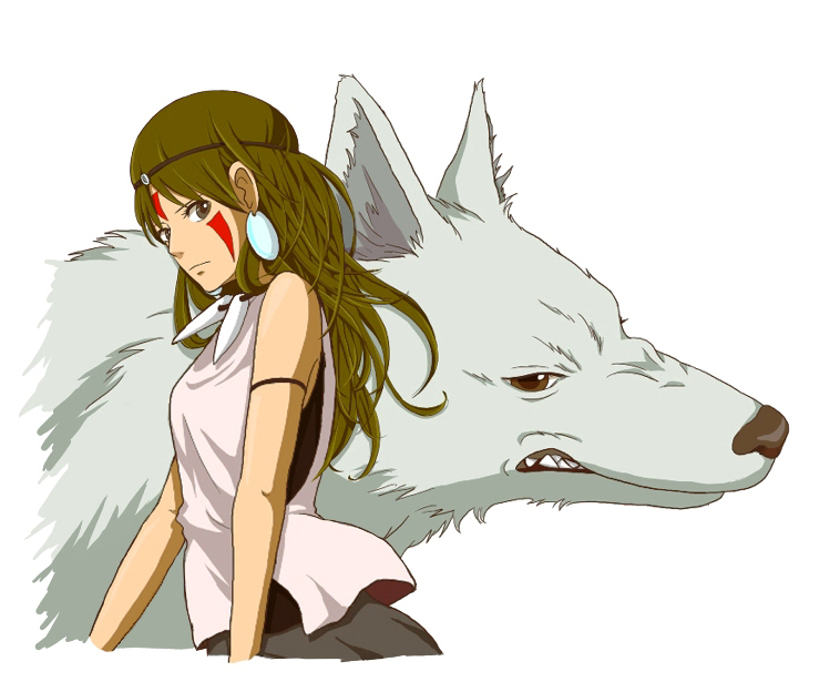 1girl, brown_eyes, brown_hair, earrings, facial_mark, hair_ornament, jewelry, krrn, long_hair, looking_at_viewer, mononoke_hime, necklace, san, simple_background, sleeveless, white_background