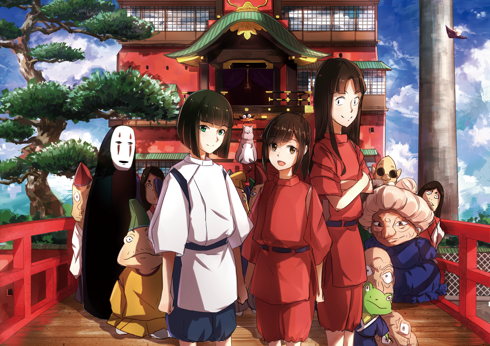 1boy, 3girls, :d, architecture, belt, black_hair, blue_shorts, brown_eyes