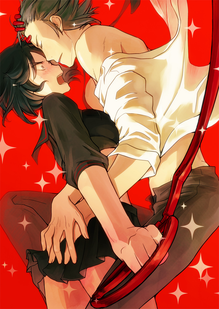 1boy, 1girl, ass_grab, asymmetrical_gloves, black_hair, black_pants, black_serafuku, black_shirt