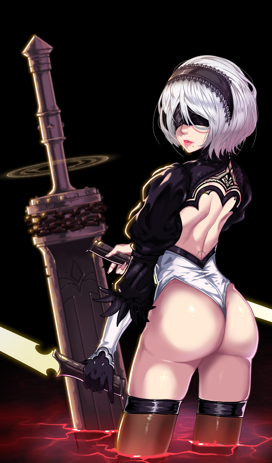 1girl, android, arm_at_side, ass, back_cutout, black_dress, black_gloves, black_hairband