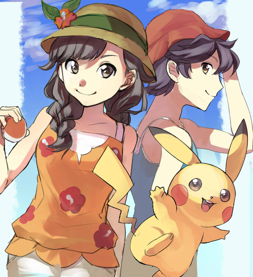 1boy, 1girl, bare_shoulders, black_hair, blue_sky, braid, bucket_hat, closed_mouth