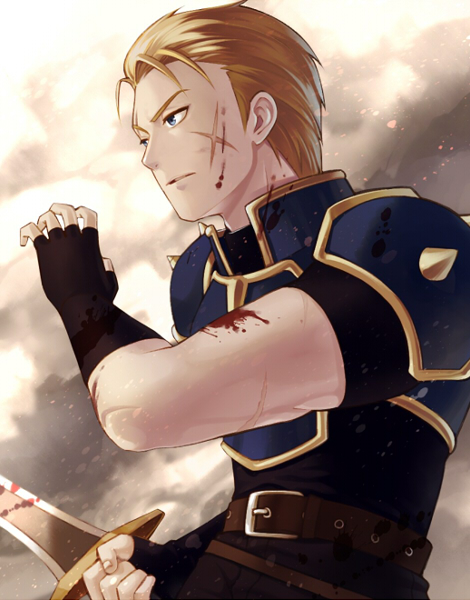 1boy, armor, belt, blonde_hair, blood, blood_on_face, blue_eyes, fingerless_gloves