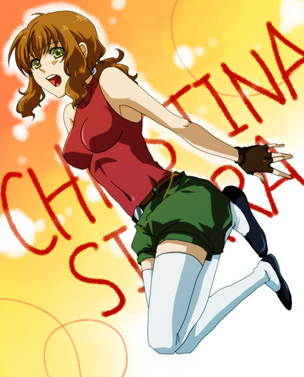 brown_hair, chobiichi, christina_sierra, fingerless_gloves, gloves, green_eyes, gundam, gundam_00, ponytail, shorts, thigh-highs, thighhighs