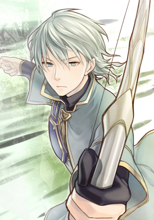 1boy, bow_(weapon), fingerless_gloves, fire_emblem, fire_emblem:_seima_no_kouseki, gloves, grey_eyes, grey_hair