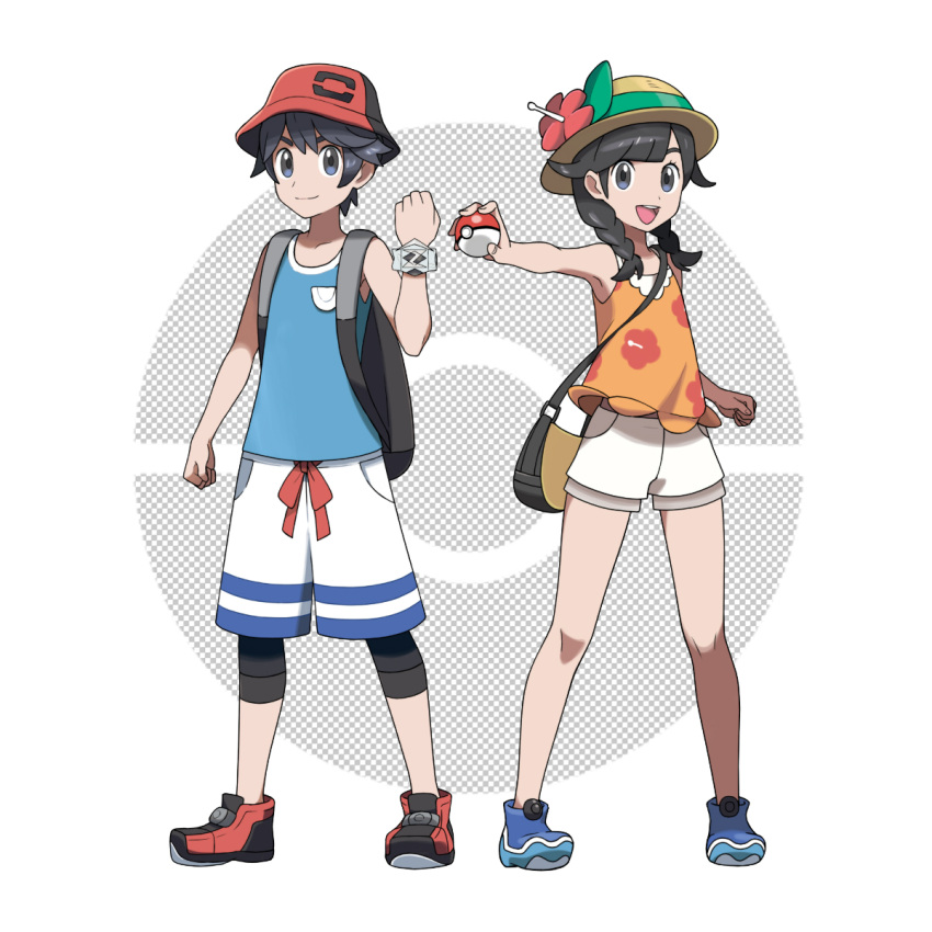 1boy, 1girl, :d, asatsuki_(fgfff), backpack, bag, bare_legs, bare_shoulders