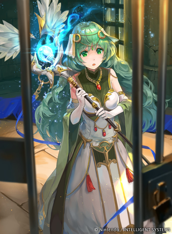 1girl, bare_shoulders, breastplate, circlet, company_name, dress, fire_emblem, fire_emblem_cipher, fire_emblem_echoes:_mou_hitori_no_eiyuuou, gloves, green_eyes, green_hair, hmk84, jewelry, long_hair, necklace, official_art, open_mouth, solo, sparkle, staff, teeta_(fire_emblem), wavy_hair