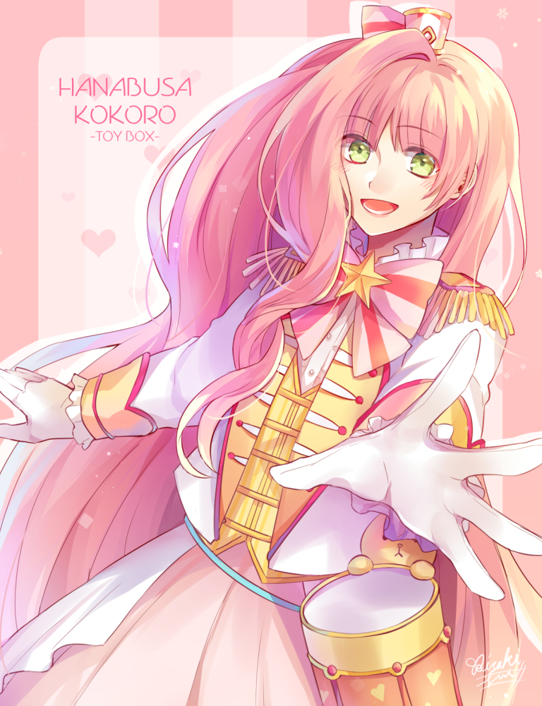 1boy, blush, character_name, crossdressinging, drum, gloves, green_eyes, hanabusa_kokoro