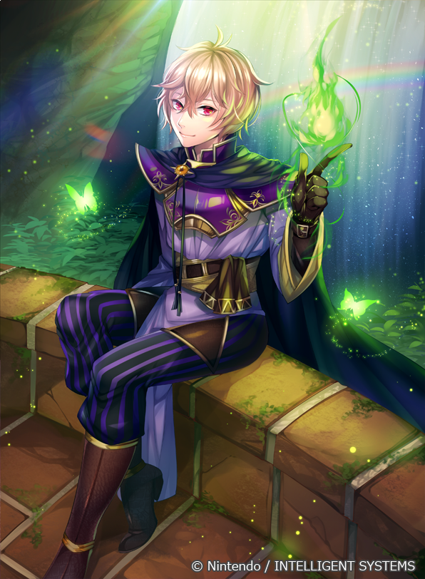 1boy, armor, boots, butterfly, cape, company_name, fire, fire_emblem