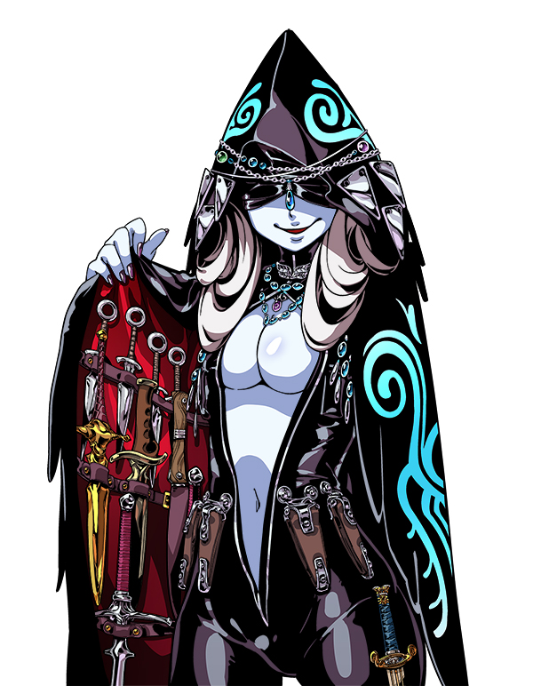 1girl, bodysuit, breasts, center_opening, coat, covered_eyes, dagger, himukai_yuuji, hood, knife, merchant_(sekaiju_no_meikyuu), navel, official_art, sekaiju_no_meikyuu, sekaiju_to_fushigi_no_dungeon_2, simple_background, smile, solo, sword, weapon, white_background