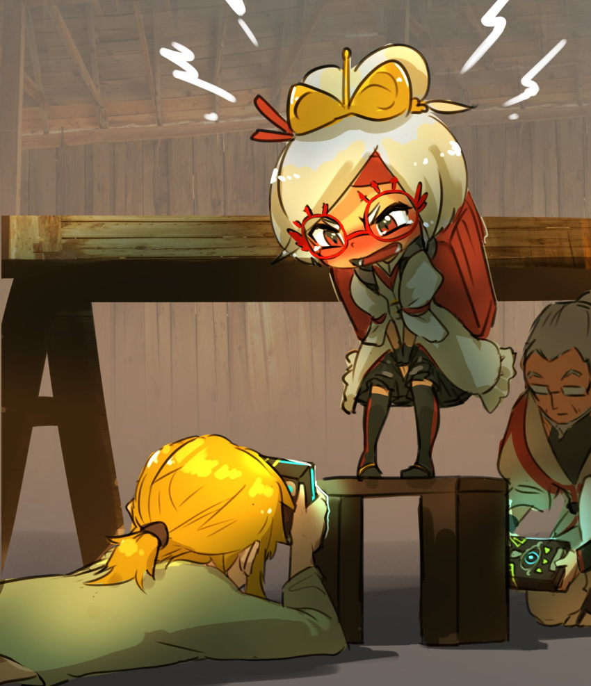 1girl, 2boys, blonde_hair, blush, covering, covering_crotch, embarrassed, glasses