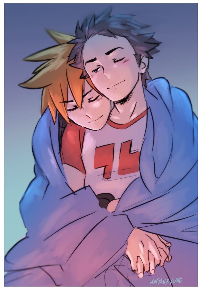 2boys, black_hair, blanket, bracelet, closed_eyes, couple, gradient, gradient_background, jewelry, male_focus, multiple_boys, one_eye_closed, ookido_green, ookido_green_(sm), pokemon, pokemon_(game), pokemon_sm, raglan_sleeves, raw_gummy, red_(pokemon), red_(pokemon)_(sm), shirt, simple_background, sleeping, smile, t-shirt, yaoi