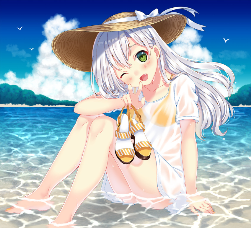 1girl, barefoot, fang, green_eyes, long_hair, ocean, one_eye_closed, open_mouth