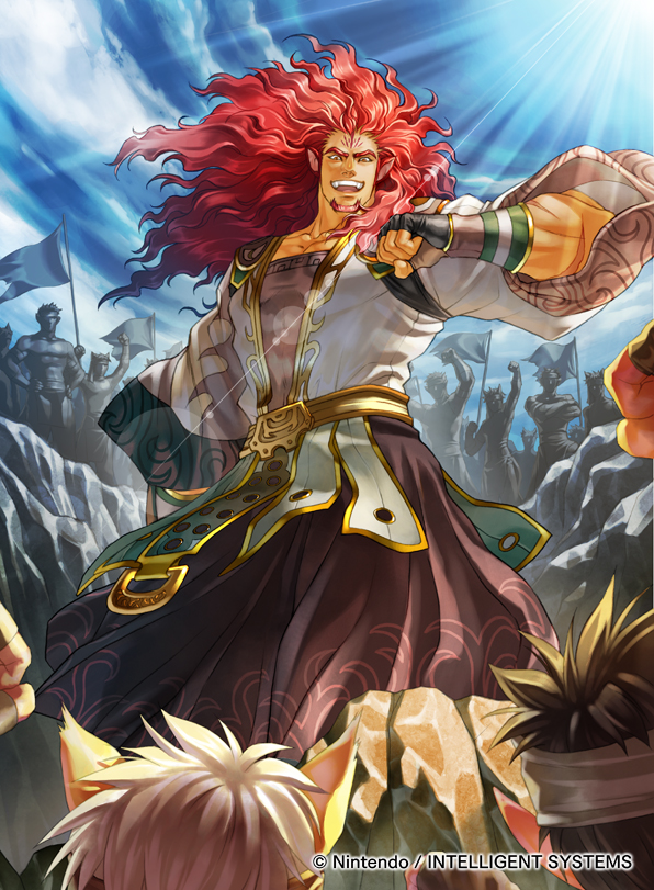 1boy, animal_ears, beard, company_name, curly_hair, dark_skin, day, faceless, faceless_male, facial_hair, facial_mark, fingerless_gloves, fire_emblem, fire_emblem:_akatsuki_no_megami, fire_emblem_cipher, flag, forehead_mark, gloves, kita_senri, lion_ears, long_hair, male_focus, official_art, open_mouth, red_eyes, redhead, rock, scar, skrimir, sky, solo, teeth