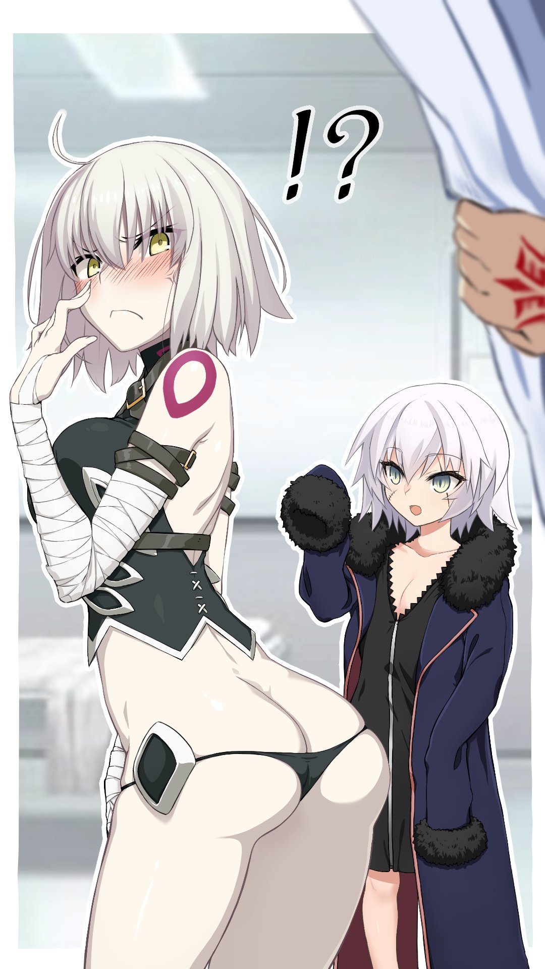 !?, 2girls, :d, ahoge, ambiguous_gender, anger_vein, arm_belt, ass, assassin_of_black, assassin_of_black_(cosplay), backless_outfit, bandage, bandaged_arm, bangs, bare_shoulders, bed, black_dress, black_panties, black_shirt, blue_coat, blue_eyes, blurry, blurry_background, blush, breasts, buckle, coat, collarbone, command_spell, commentary_request, cosplay, costume_switch, cowboy_shot, curtains, depth_of_field, dress, embarrassed, eyebrows_visible_through_hair, fate/apocrypha, fate/grand_order, fate_(series), flat_chest, from_behind, fur-trimmed_coat, fur-trimmed_sleeves, fur_trim, grey_hair, hair_between_eyes, halter_top, halterneck, hand_up, highres, indoors, jeanne_alter, jeanne_alter_(cosplay), looking_at_viewer, looking_back, medium_breasts, multiple_girls, nose_blush, open_mouth, outline, oversized_clothes, pale_skin, panties, pov, ruler_(fate/apocrypha), scar, scar_across_eye, scar_on_cheek, shirt, short_dress, short_hair, skindentation, sleeveless, sleeveless_shirt, sleeves_past_wrists, smile, standing, susukune, tattoo, undersized_clothes, underwear, white_hair, white_outline, yellow_eyes, zipper