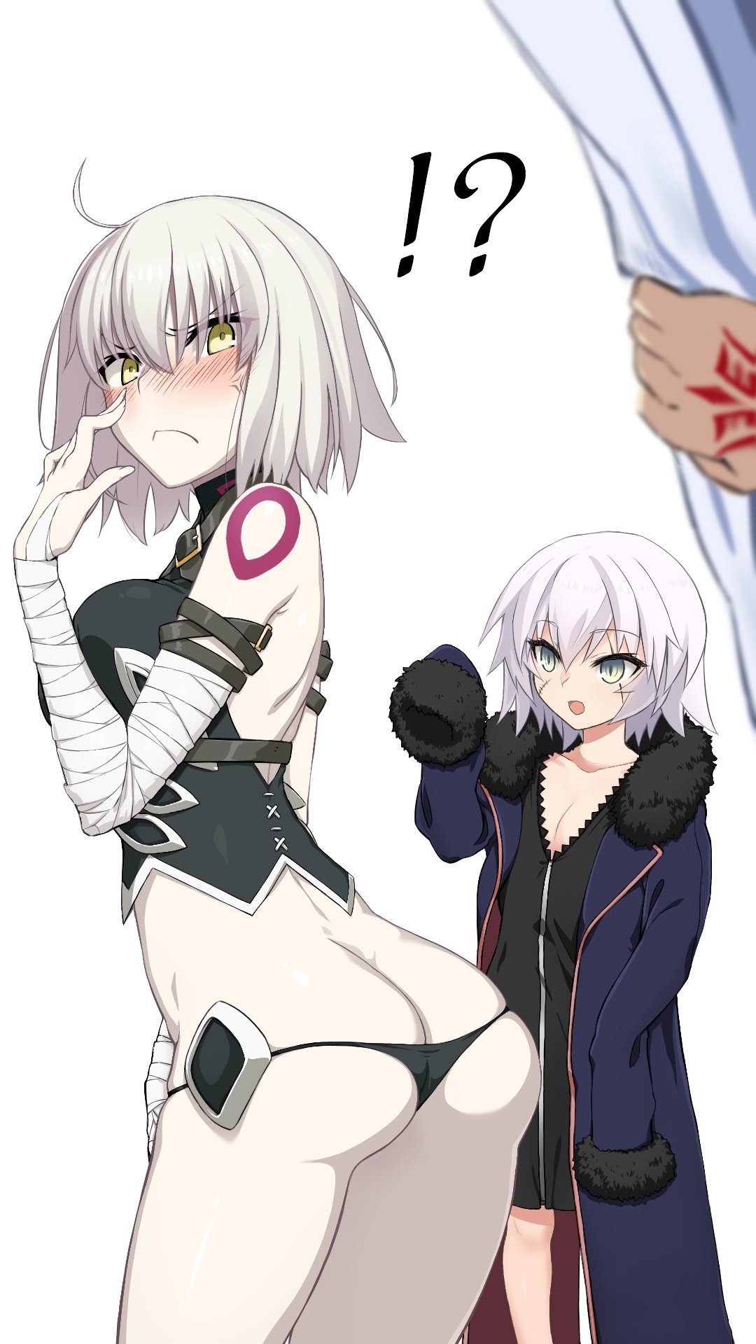 !?, 2girls, :d, ahoge, ambiguous_gender, anger_vein, arm_belt, ass, assassin_of_black, assassin_of_black_(cosplay), backless_outfit, bandage, bandaged_arm, bangs, bare_shoulders, black_dress, black_panties, black_shirt, blue_coat, blue_eyes, blurry, blush, breasts, buckle, coat, collarbone, command_spell, cosplay, costume_switch, cowboy_shot, curtains, depth_of_field, dress, embarrassed, eyebrows_visible_through_hair, fate/apocrypha, fate/grand_order, fate_(series), flat_chest, from_behind, fur-trimmed_coat, fur-trimmed_sleeves, fur_trim, grey_hair, hair_between_eyes, halter_top, halterneck, hand_up, highres, jeanne_alter, jeanne_alter_(cosplay), looking_at_viewer, looking_back, medium_breasts, multiple_girls, nose_blush, open_mouth, oversized_clothes, pale_skin, panties, pov, ruler_(fate/apocrypha), scar, scar_across_eye, scar_on_cheek, shirt, short_dress, short_hair, simple_background, skindentation, sleeveless, sleeveless_shirt, sleeves_past_wrists, smile, standing, susukune, tattoo, undersized_clothes, underwear, white_background, white_hair, yellow_eyes, zipper