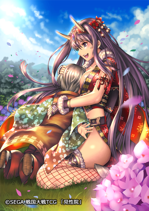 between_breasts, blue_sky, breasts, cleavage, clouds, fingerless_gloves, fishnets, flower