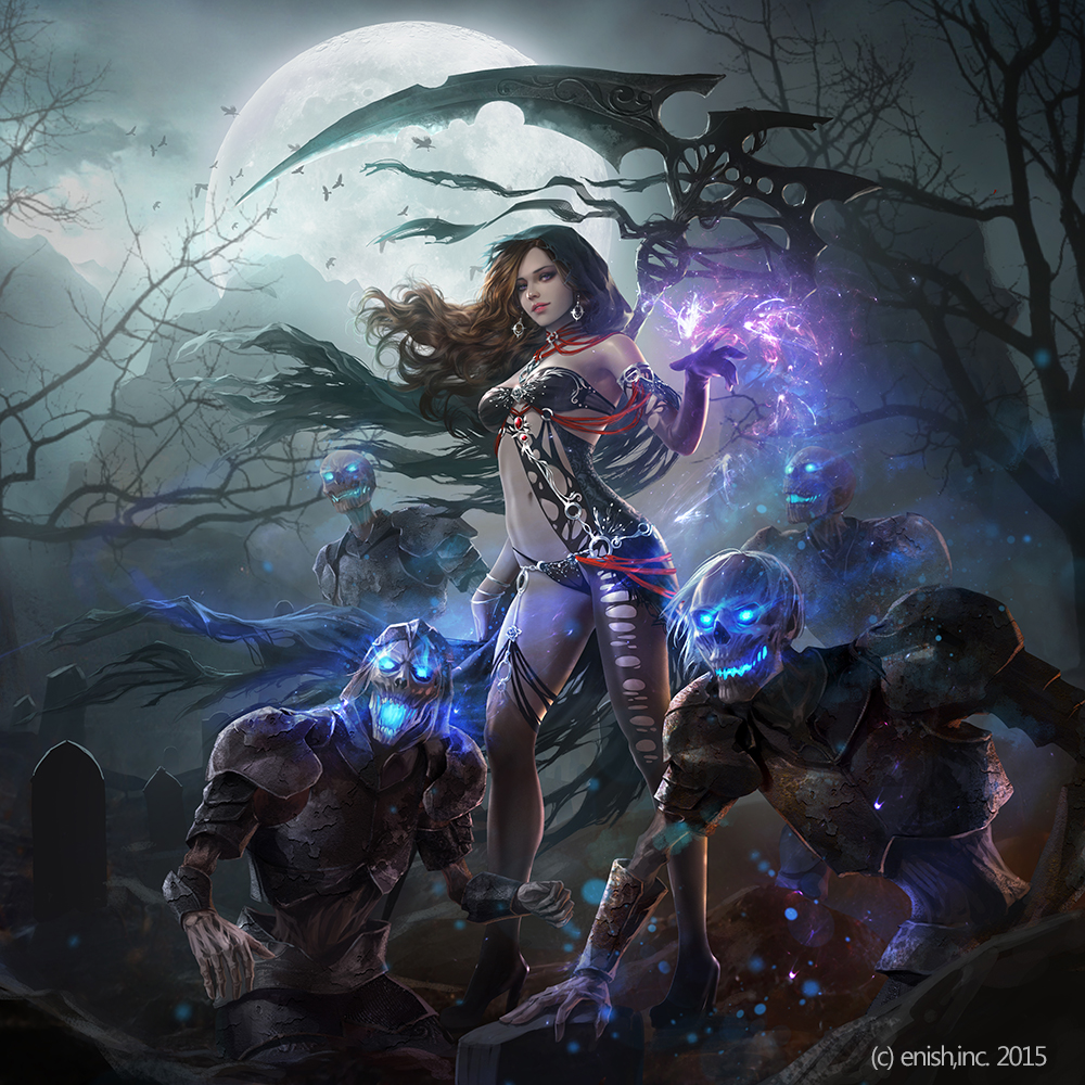 1girl, armor, bahamut_crisis, bare_shoulders, bare_tree, black_gloves, bracer, brown_hair, earrings, eudia_(serenity2200), full_moon, gloves, glowing, glowing_eyes, graveyard, holding, holding_weapon, hood, jewelry, karma_(bahamut_crisis), long_hair, looking_at_viewer, magic, midriff, moon, navel, night, o-ring, official_art, open_mouth, outdoors, scythe, skeleton, standing, tree, watermark, weapon