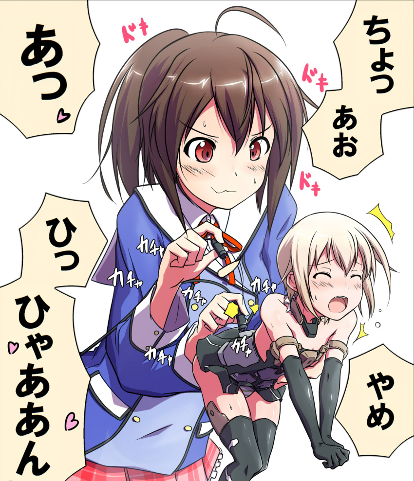 >:3, /\/\/\, 19_(diske), 2girls, :3, ahoge, bare_shoulders, black_gloves, blonde_hair, blush, brown_hair, cable, charging, closed_eyes, collar, commentary, elbow_gloves, frame_arms_girl, frilled_collar, frills, gennai_ao, gloves, gourai, hair_between_eyes, heart, highres, holding, long_hair, mecha_musume, multiple_girls, open_mouth, panties, plaid, plaid_skirt, pleated_skirt, ponytail, red_eyes, red_skirt, school_uniform, short_hair, sidelocks, simple_background, skirt, spoken_heart, striped, striped_panties, sweat, thigh-highs, underwear, white_background, yuri
