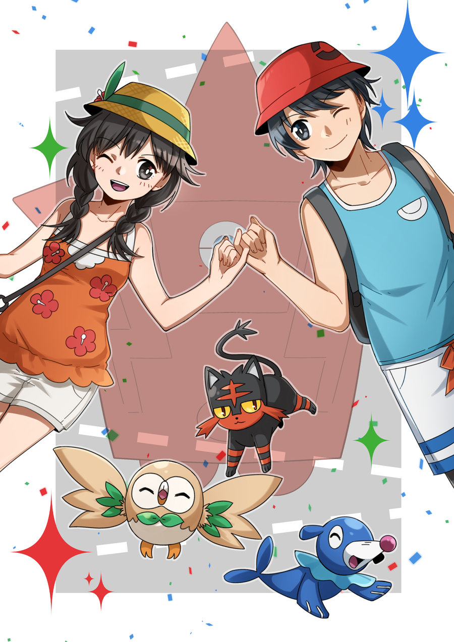 1boy, 1girl, brown_eyes, female_protagonist_(pokemon_ultra_sm), full_body, hair_between_eyes, highres, litten