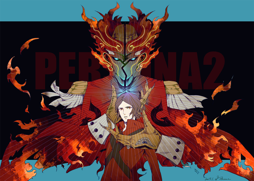 2boys, apollo_(persona_2), blue_eyes, brown_eyes, brown_hair, cape, copyright_name, fire