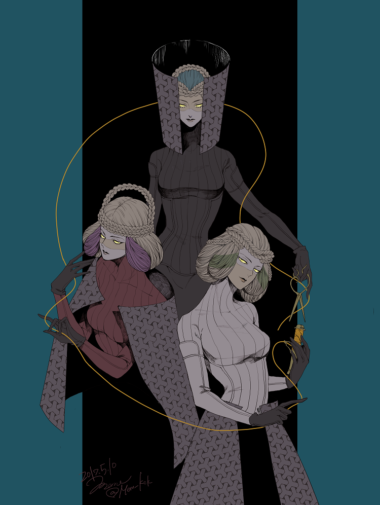3girls, atropos_(megami_tensei), blonde_hair, bodysuit, braid, cape, clotho_(megami_tensei), gloves, lachesis_(megami_tensei), memessa, multicolored_hair, multiple_girls, scissors, shin_megami_tensei, string, yellow_eyes