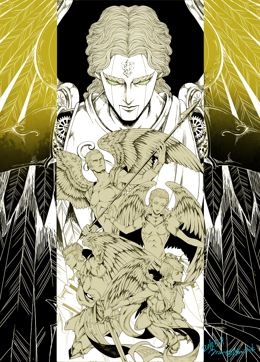 1girl, 4boys, android, angel, angel_wings, armor, bracelet, breastplate, facial_mark, feathered_wings, feathers, forehead_mark, gabriel_(megami_tensei), gears, green_eyes, highres, holding, holding_weapon, jewelry, light_smile, memessa, metatron_(megami_tensei), michael_(megami_tensei), multiple_boys, pale_color, polearm, raphael_(megami_tensei), serious, shin_megami_tensei, spear, sword, tabard, uriel, weapon, wings