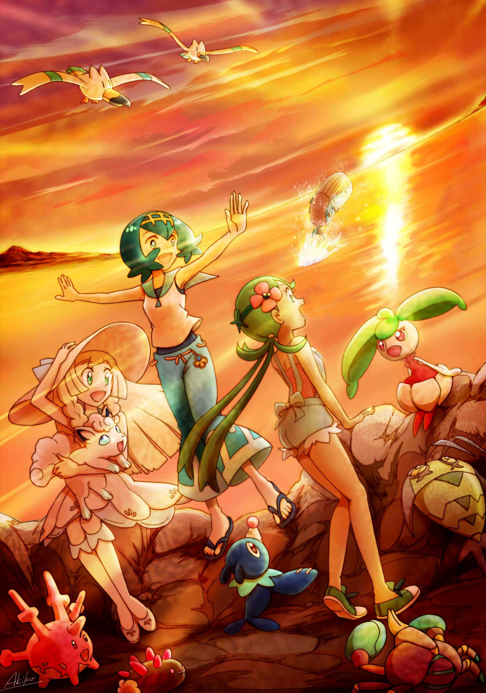 3girls, absurdres, alola_form, alolan_vulpix, blonde_hair, blue_eyes, blue_hair, blue_pants