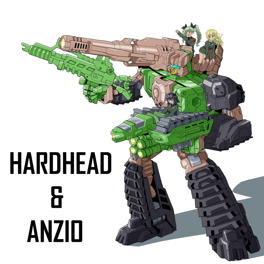 1boy, 3girls, 80s, anchovy, anzio_military_uniform, anzio_school_uniform, autobot, black_hair, blonde_hair, blue_eyes, braid, brown_eyes, cannon, carpaccio, caterpillar_tracks, character_name, clenched_hands, crossover, drill_hair, fighting_stance, girls_und_panzer, glowing, green_eyes, green_hair, ground_vehicle, gun, hair_ribbon, hardhead, hat, highres, holding, holding_gun, holding_weapon, jacket, long_hair, machine, machinery, mecha, military, military_uniform, military_vehicle, miniskirt, motor_vehicle, multiple_girls, necktie, oldschool, open_mouth, outdoors, pencil_skirt, pepperoni_(girls_und_panzer), personification, pravda_military_uniform, qhon, ribbon, riding_crop, robot, shirt, short_hair, shoulder_belt, skirt, smile, tank, transformers, transformers:_the_headmasters, twin_drills, twintails, uniform, weapon