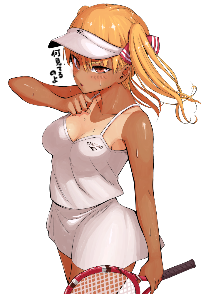1girl, adjusting_strap, blonde_hair, blush, breasts, cleavage, ishizaka_ryuudai, looking_at_viewer