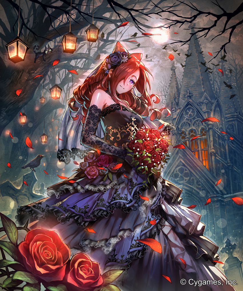 1girl, bare_shoulders, bare_tree, bird, black_dress, black_rose, blush, bouquet