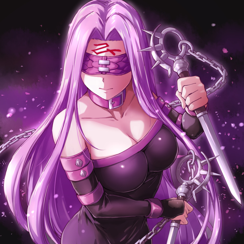 1girl, a4typhoon, blindfold, breasts, cleavage, collar, dress, facial_mark